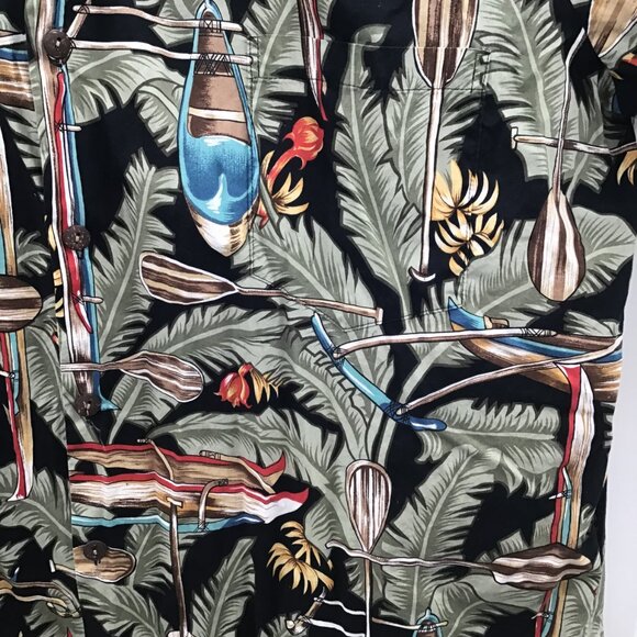 VTG Men's 2XL Hawaiian Shirt Hilo Hatties Palms Canoes Button Down Green Brown - Picture 5 of 9